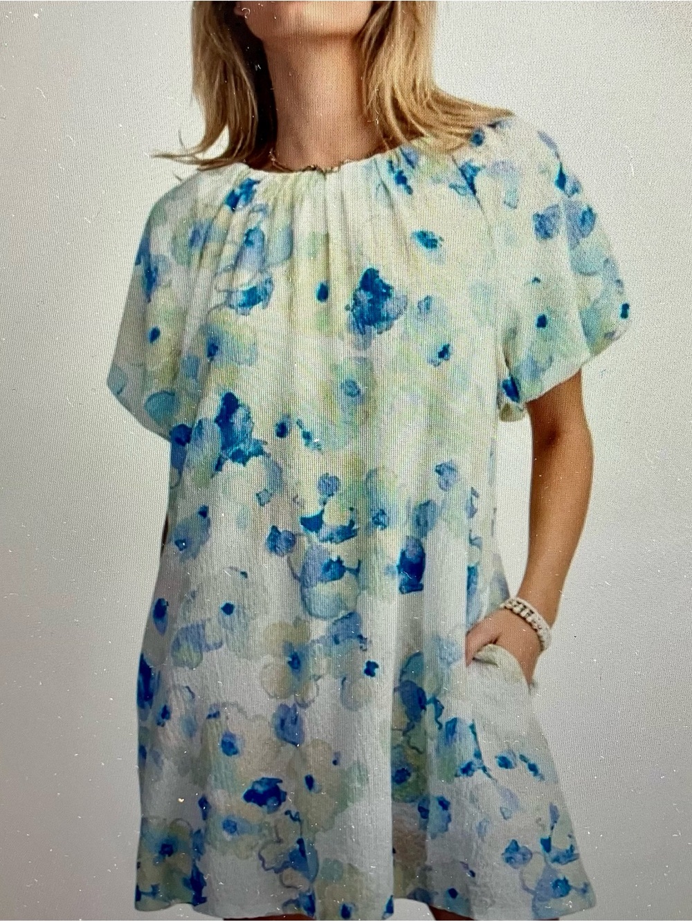 easel Light Blue & Green Floral Puff-Sleeve Dress